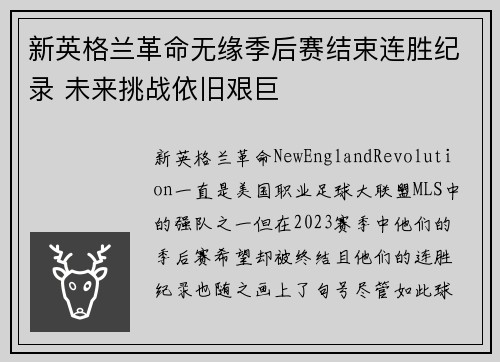 新英格兰革命无缘季后赛结束连胜纪录 未来挑战依旧艰巨